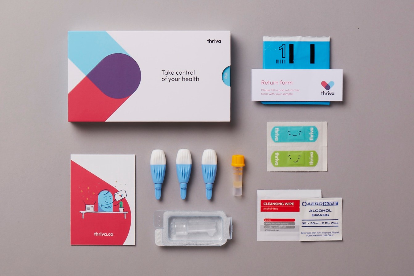 Thriva blood testing kits are sent by post. 