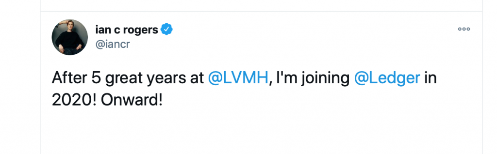 A screenshot from Ian Rogers' Twitter account, as he leaves LVMH to join French startup Ledger.