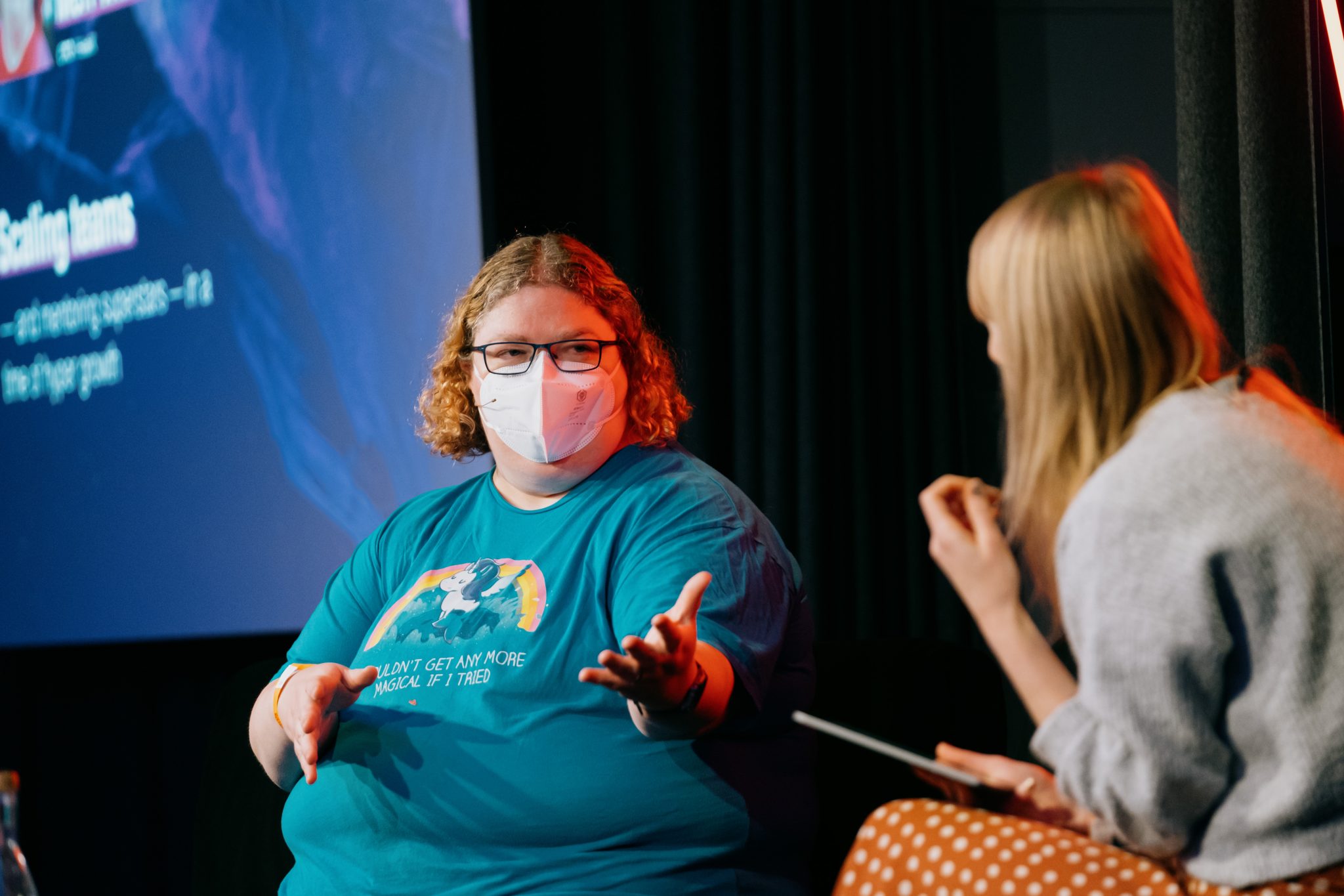 An image of experienced CTO and adviser Meri Williams, being interviewed on stage by Sifted editor Amy Lewin