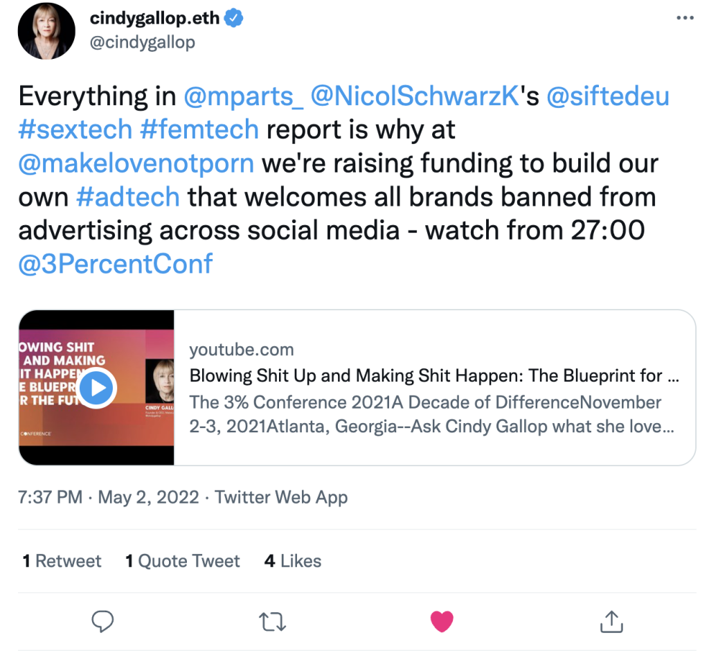 Screenshot of a tweet from Cindy Gallop sharing a video advert for her adtech