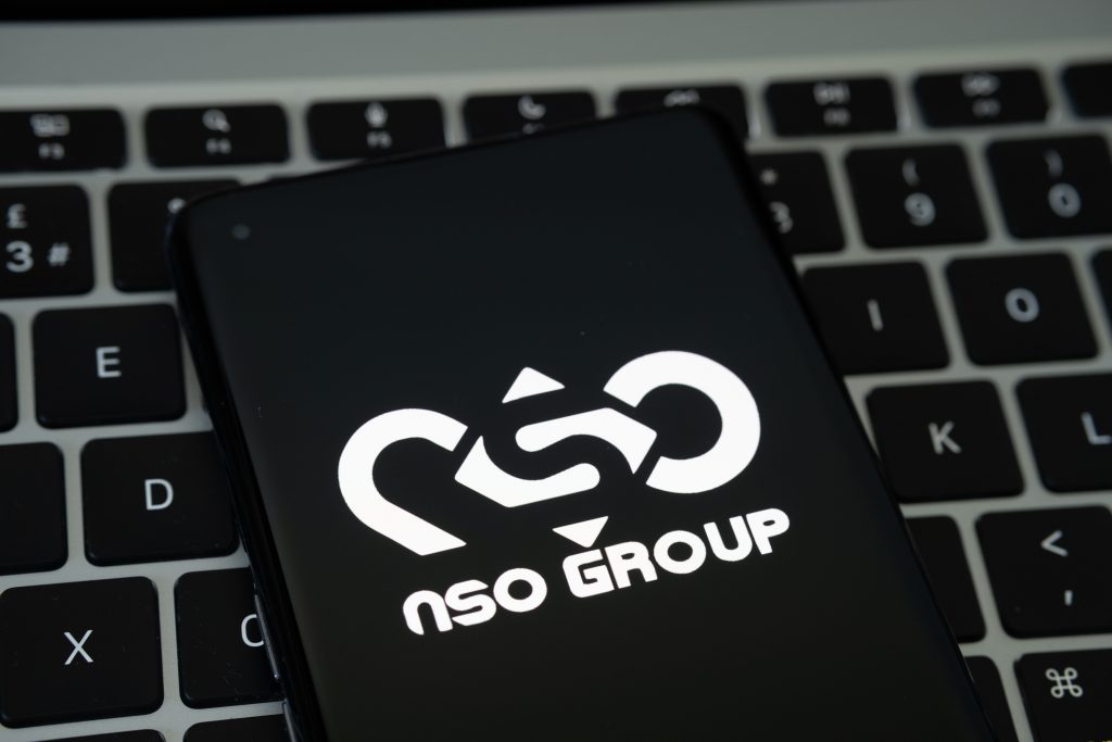 The logo of the NSO Group, an Israeli spyware startup that developed the Pegasus phone-hacking software