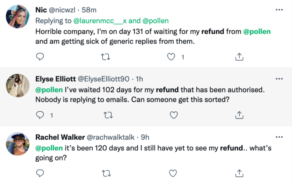 A screenshot of tweets of people asking events startup Pollen for refunds