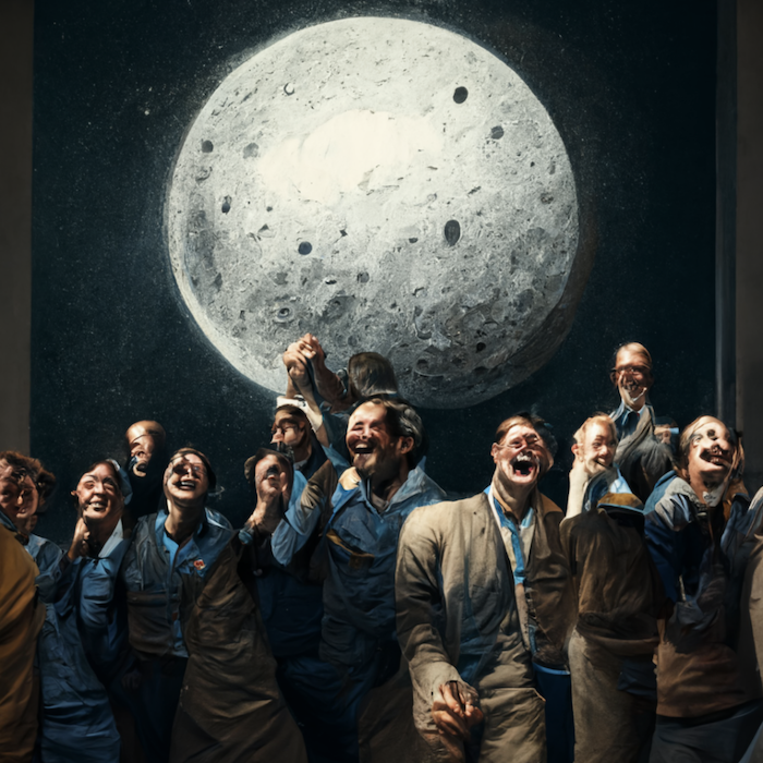Photo of corporate employees being passionately excited about a new idea, on the moon