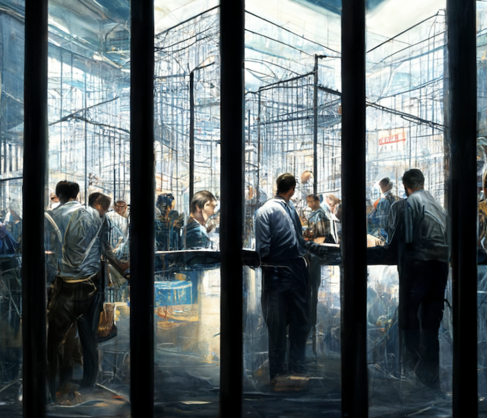 Corporate workers trapped inside the cage of innovation” as interpreted by the Midjourney text-to-photo AI