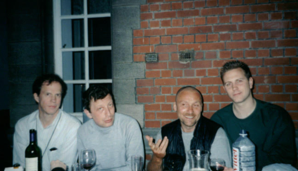 An image of a Starlab “Time Traveller Party” in May 2001, with (from left) Hugo de Garis, Serguei Krasnikov, Roman Zapatrin, Christopher Altman