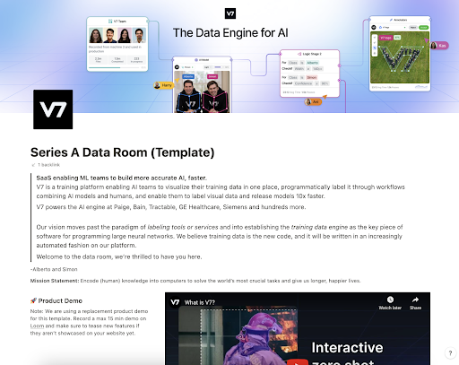 A screenshot from a Notion page for V7's data room