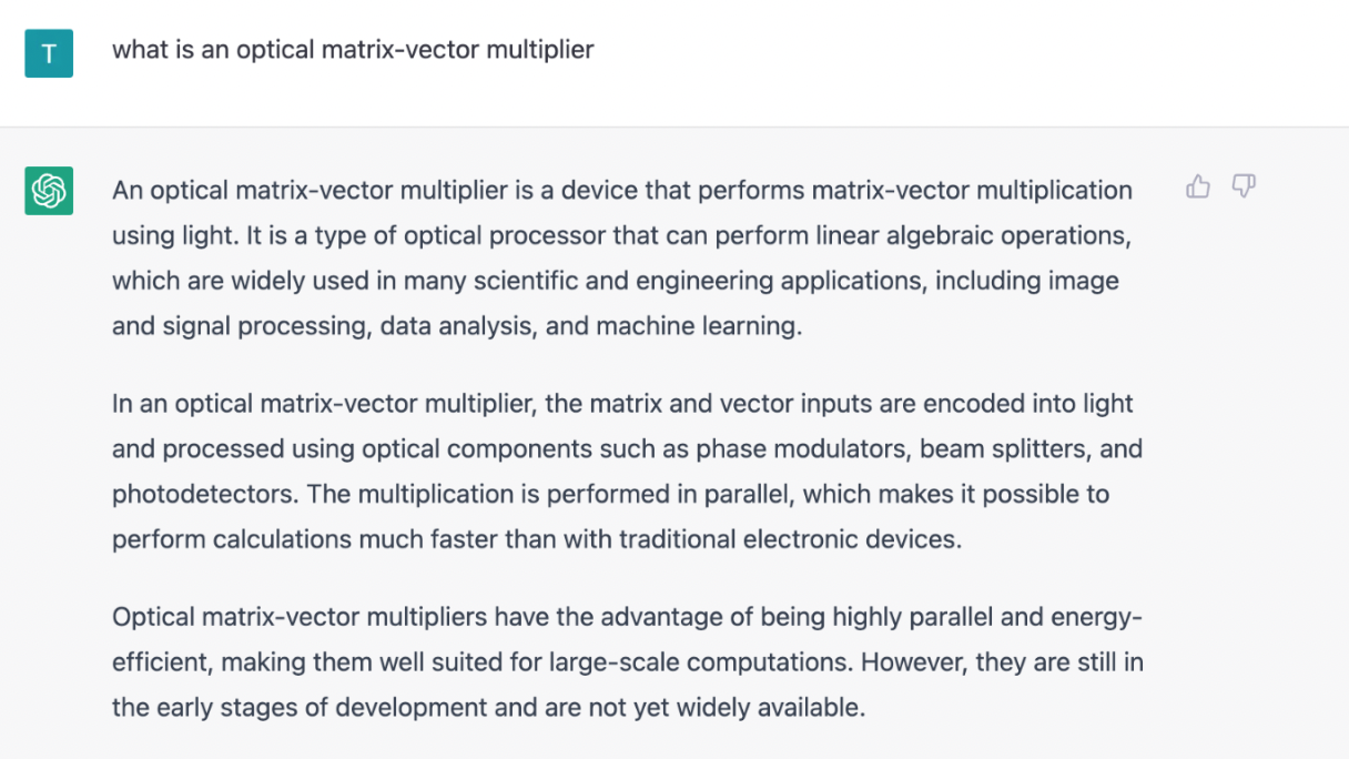 A screenshot of chatgpt where it's been asked "What is an optical matrix-vector multiplier"