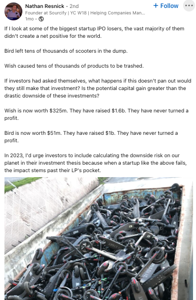 A screenshot of a linkedin post by Nathan Resnick, founder at Sourcify, raising the issue of high numbers of escooters being binned by companies when they leave markets