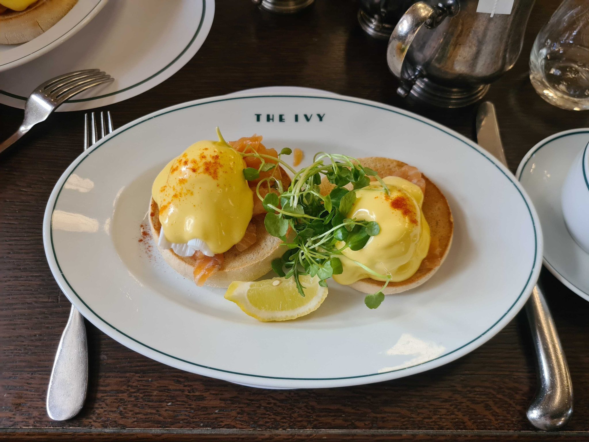 Salmon and eggs on muffin at the Ivy