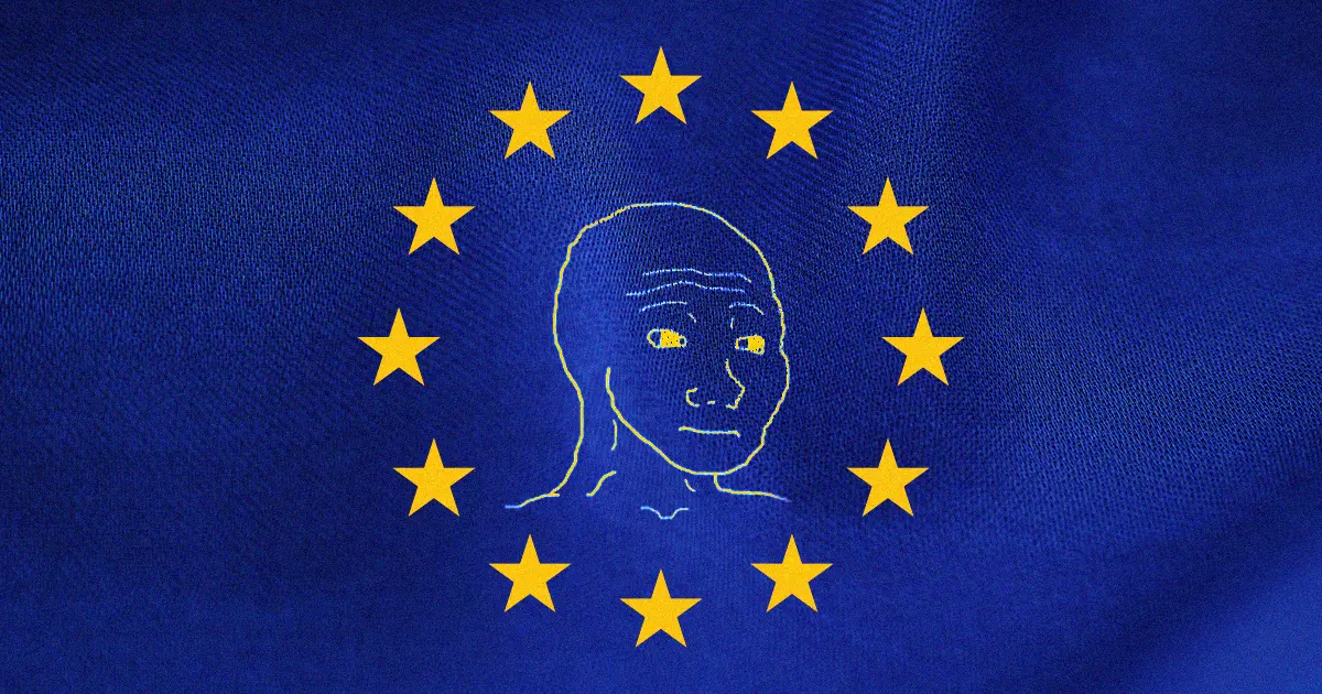 A meme of the EU flag with a crying face in the middle.